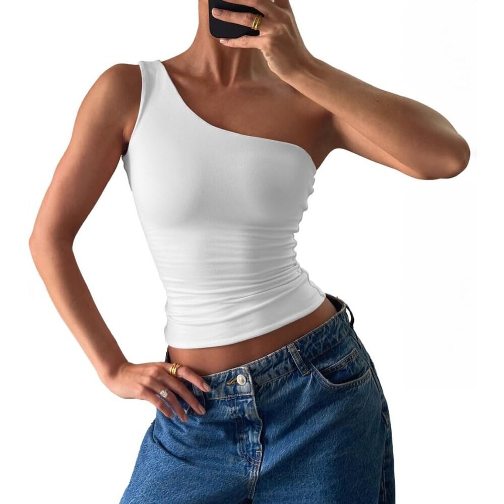 Women's One Shoulder Crop Top Sleeveless Ruched Tank For Club Party Yoga